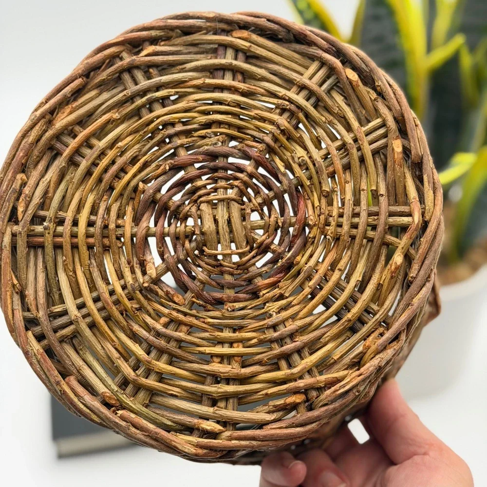 Vintage Hand Woven Twig Basket w Handles Round Decorative Rustic Farmhouse 7.5